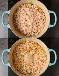 two pictures showing the same pot with beans and vegetables in it