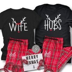 two matching christmas pajamas with the words wife and husband on them