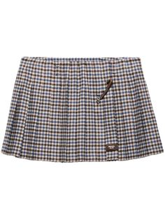 multicolour wool fully pleated check print concealed side zip fastening safety pin detail appliqué logo thigh-length Farfetch Skirt, Prada Skirt, Fashion Boards, Wool Mini Skirt, Wardrobe Edit, Iconic Bags, Plaid Mini Skirt, Boots Fall, Exclusive Fashion