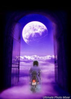 a person on a motorcycle in front of a gate with the moon and clouds behind them