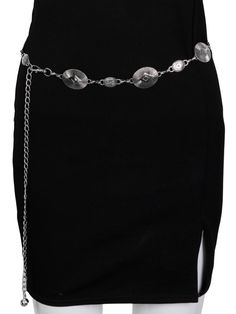 Add a bold statement to your outfit with the Oval Disc Chain Belt. This unique belt features an oval disc chain design that will bring a touch of playful charm to any look. Made from durable materials, it's perfect for both casual and dressy occasions. Upgrade your accessories game today! Adjustable Silver Metal Chain Belt, Adjustable Metal Chain Belt, Chic Silver Metal Chain Belt, Chic Silver Metal Waist Chain, Silver Metal Chain Belt With Metal Decoration, Trendy Metal Waist Chain With Adjustable Chain, Silver Adjustable Chain Belt, Silver Adjustable Chain Belt Fashion Accessory, Trendy Adjustable Metal Waist Chain