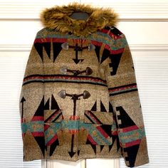 Beautiful Jacket, Two Front Pockets, Faux Fur Around Hood , Snap And Toggle Closures. Excellent Condition. Southwestern Brown Outerwear For Fall, Southwestern Style Brown Outerwear For Fall, Bohemian Multicolor Outerwear For Cold Weather, Multicolor Bohemian Outerwear For Cold Weather, Snow Jacket, Print Jacket, Faux Fur, Jackets & Coats, Jackets For Women