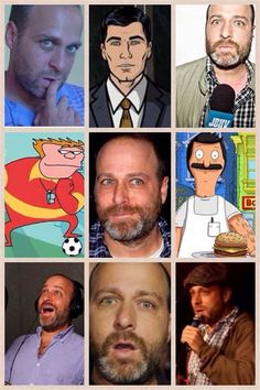 the many faces of cartoon characters are shown in this collage, including one man with a mustache