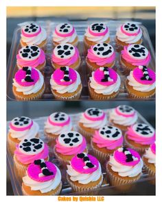 cupcakes with pink frosting and black polka dots are arranged in a plastic container