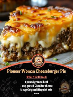 a piece of cheeseburger pie sitting on top of a plate next to a menu