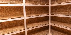 the shelves are filled with many different types of plywood boards and wood planks