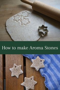 two pictures of a salt dough rolled out and cut into star ornaments. a text saying how to make aroma stones. Scented Ornaments, Diffuse Essential Oils, Diy Deodorant, Candles Scented, Stones Diy, Handmade Wardrobe