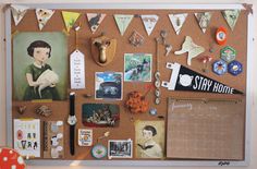 a bulletin board with pictures, magnets and other things hanging on it's side