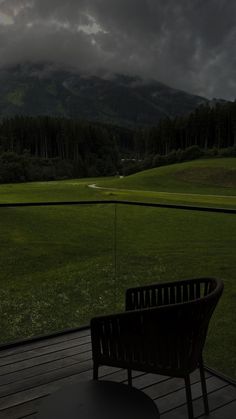 a bench sitting on top of a wooden deck next to a lush green field under a cloudy sky