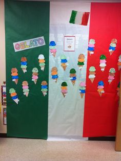 an ice cream themed classroom door decorated with different colors and shapes, including the italian flag