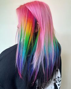 Rainbow Halo Hair, Pink And Rainbow Hair, Pink Rainbow Hair, Blonde And Rainbow Hair, Peekaboo Rainbow Hair, Rainbow Prism Hair, Hair Color Ideas Bright, Rainbow Hair Colour, Rainbow Hairstyles