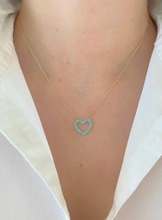 "Heart Turquoise 14K Solid Gold Necklace. Dainty Love Jewelry Gift That She Will Treasure Forever! Chain Is Adjustable You Can Wear It 16\" Or 18\". A Beautiful Box Chain That Feels Very Silky. Jewelry Comes In A Cute Gift Box Ready To Present. -All Jewelry Is New And Inspected For Quality Assurance. -Jewelry Is Crafted In Genuine High Quality 14K Gold. -We Do Not Sell Gold Plated. Product Detail: Metal: 14k yellow gold Width: 0.5 inch Weight: 2.7 grams Stones: Natural Turquoise Chain: box chain Elegant Turquoise Jewelry With Heart Beads, Elegant Turquoise Heart Beads Jewelry, Elegant Turquoise Heart Necklace For Gift, Turquoise Heart-shaped Wedding Jewelry, Elegant Turquoise Heart-shaped Jewelry, Turquoise Heart Wedding Jewelry, Turquoise Heart Pendant Necklace For Anniversary, Elegant Heart-shaped Turquoise Necklace, Elegant Turquoise Heart Cut Jewelry