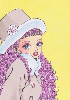 a drawing of a woman with pink hair wearing a hat and coat, on a yellow background