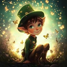 a little boy sitting on the ground wearing a green hat with butterflies flying around him