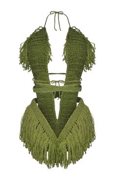 a green piece of clothing with fringes on it