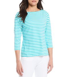 From J.McLaughlin&#x2C; this tee features:Boatneck3/4 sleevesStripe pattern Three buttons at shoulderStraight hemlinePullover constructionApprox. 23.5" lengthNylon/spandexHand wash cold/flat dryImported. Casual Striped Jersey, Classic Striped Tops With Shirttail Hem, Casual Fitted Crew Neck Jersey, Casual Jersey Tops, Casual Long Sleeve Jersey Top, Classic White Top With 3/4 Sleeve, Fitted Casual Jersey Top, Casual Fitted Jersey Top, Clothes For Women Over 50