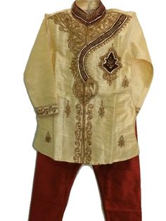 ★★.. Stylish and comfortable Cream Raw Silk Party-wear Sherwani Kurta for boys. Really nice dress for Eid, Diwali, Wedding, Parties etc..★★ Festive Fitted Sherwani With Embroidered Border, Bollywood Style Fitted Sherwani With Embroidered Border, Anarkali Style Sherwani With Embroidered Border For Festivals, Fitted Raw Silk Sherwani With Embroidered Border, Anarkali Sherwani With Embroidered Border For Diwali, Gold Sherwani With Embroidered Border For Eid, Eid Anarkali Sherwani With Embroidered Border, Kids Party Wear Dresses, Kids Party Wear