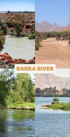 there are four different pictures with the words barka river on them and trees in the foreground