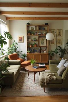 a living room filled with furniture and lots of plants on top of it's shelves