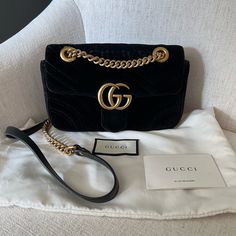 100% Authentic - Receipt Is For Proof Purposes Only And Will Not Be Included With Purchase Gucci Marmont Matelasse Black Velvet With Gold Hardware” Mini” Size Gg Bag Measurements (Approximate) 8.75” W 5” H 2.5” D This Bag Has Been Handled With Care, But Shows Minor Wear And Tear Due To The Nature Of The Black Velvet. Comes With Dust Bag Which Has Minor Marks On It. Clean Inside! Was Stored Inside Dust Bag In A Closet For Its Life. Please See Other Bags I’ve Sold For More Authenticity :) Gucci Marmont Matelasse, Gucci Marmont, Mini Crossbody Bag, Mini Crossbody, Gold Hardware, Black Velvet, Dust Bag, Crossbody Bag, Bag Lady