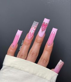 Valentine’s Day Nail Designs 2023, Valentines Nails Long Acrylic, Valentines Day Nails Designs 2024, Valentine Acrylic Nail Designs, Valentines Day Pink Nails, Pink Nails Valentines Day, Pink Vday Nails, Long Valentines Day Nails, Acrylic Nails Aesthetic