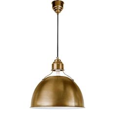 an antique brass pendant light with a black cord hanging from the ceiling, against a white background