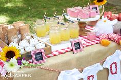 a picnic table with food and drinks on it for an outdoor baby shower or birthday party