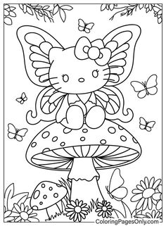 a hello kitty coloring page with mushrooms and butterflies in the background for kids to color