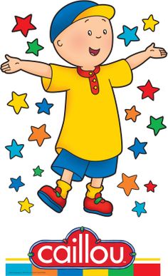 a boy jumping in the air with his arms out and stars around him, on top of a sign that says callou