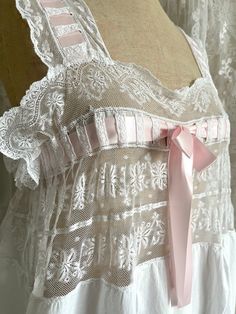 Antique Valenciennes Lace Pink Ribbon Nightdress - Etsy Repair Stitches, Dolly Fashion, Battenburg Lace, Vintage Nightgown, History Fashion, Victorian Clothing, Victorian Women, Lace Corset, Edwardian Fashion