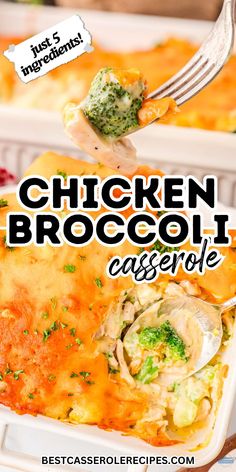 chicken broccoli casserole is being lifted with a fork