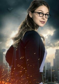 a woman with glasses standing in front of a cityscape and lightning behind her