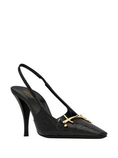 Saint Laurent Black Blade Slingback Pumps - Farfetch Luxury Slingback Pumps With 4-inch Heel For Evening, Luxury Ankle Strap Heels For Work, Chic Heels With Gold-tone Hardware For Work, Workwear Heels With Gold-tone Hardware And Ankle Strap, Gold-tone Ankle Strap Heels For Work, Chic Office Heels With Gold-tone Hardware, Luxury Gold Slingback Pumps With Padded Heel, Elegant Leather Heels With Gold-tone Hardware, Ankle Strap Heels With Gold-tone Hardware For Work