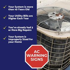 an air conditioner with the words ac warning signs above it and below it are two different types of heating systems