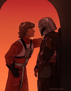 two people standing next to each other in front of a red background with the words star wars