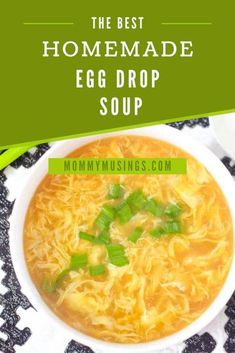 the best homemade egg drop soup in a white bowl on a black and white cloth