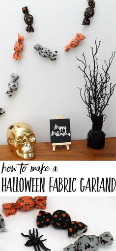 how to make a halloween fabric garland with black and orange butterflies on it, next to a gold skull