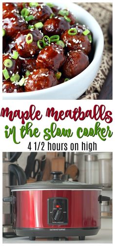 the slow cooker has meatballs in it and is ready to be cooked for dinner