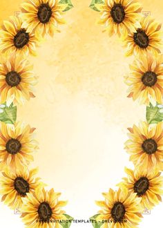 sunflowers are arranged in the shape of a circle with watercolor paint on it