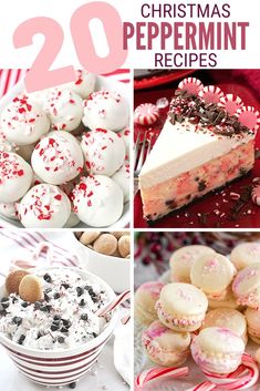 christmas peppermint recipes collage with red and white candy canes, cookies, cake