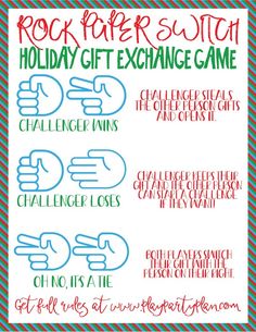 the rock paper studio holiday gift exchange game is shown in red, green and blue