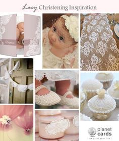 a collage of photos with baby's christenings in white and pink