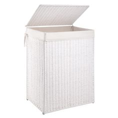 a white wicker laundry hamper with lid and liner on the bottom, in front of a white background