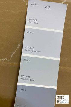 the shades of gray and white are shown in this color swat list for interior paint