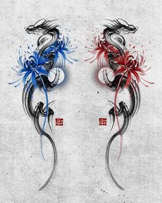 two dragon designs with red, white and blue ribbons on their tails are shown in this artistic illustration