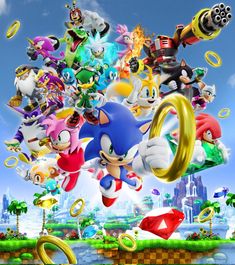 sonic the hedgehog is flying through the air in front of many other cartoon characters