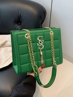 Solid Color PU Minimalist Large Capacity Grid Chain Shoulder Bag Crossbody Bag Green Elegant   PU Leather Plaid Square Bag   Women Bags, size features are:Bust: ,Length: ,Sleeve Length: Emerald Green Purse, Preppy Vacation, Hand Bags For Women, Bag Green, Crossbody Bag Women, Chain Shoulder Bag, Kids Beachwear, Square Bag, Bag Women