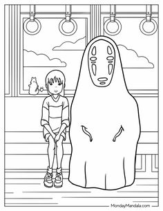 a cartoon character standing next to a giant monster in front of a window with hanging lights