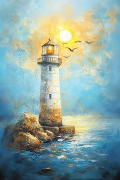 a painting of a lighthouse on the water