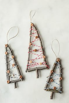 three wooden christmas trees made out of sticks and string, with text overlay reading rustic little tree stick and string ornament